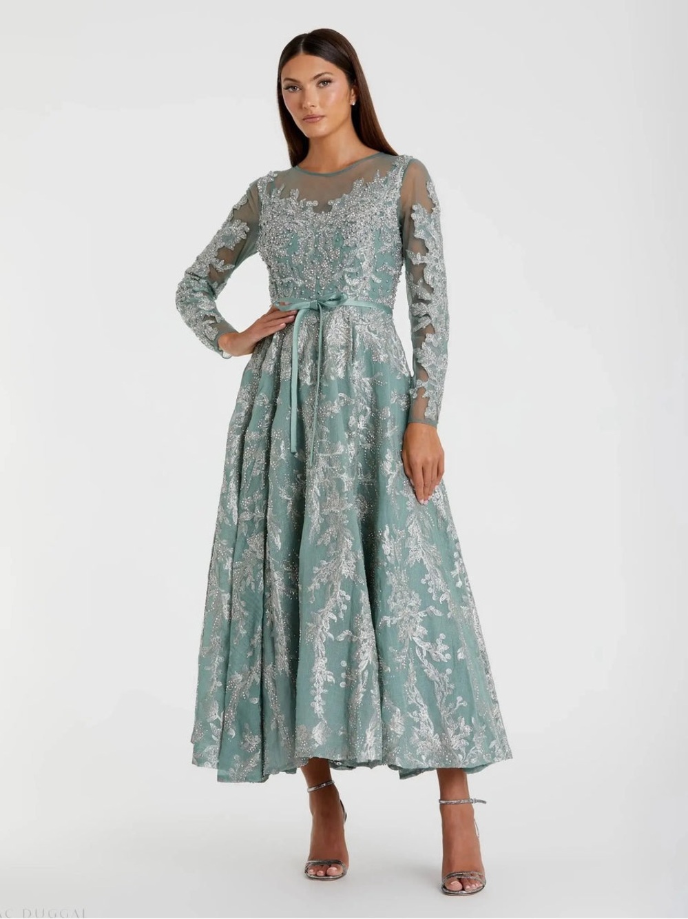 Mac Duggal 20337 Embellished Bow Belt Illusion Long Sleeve A Line Dress Size 20